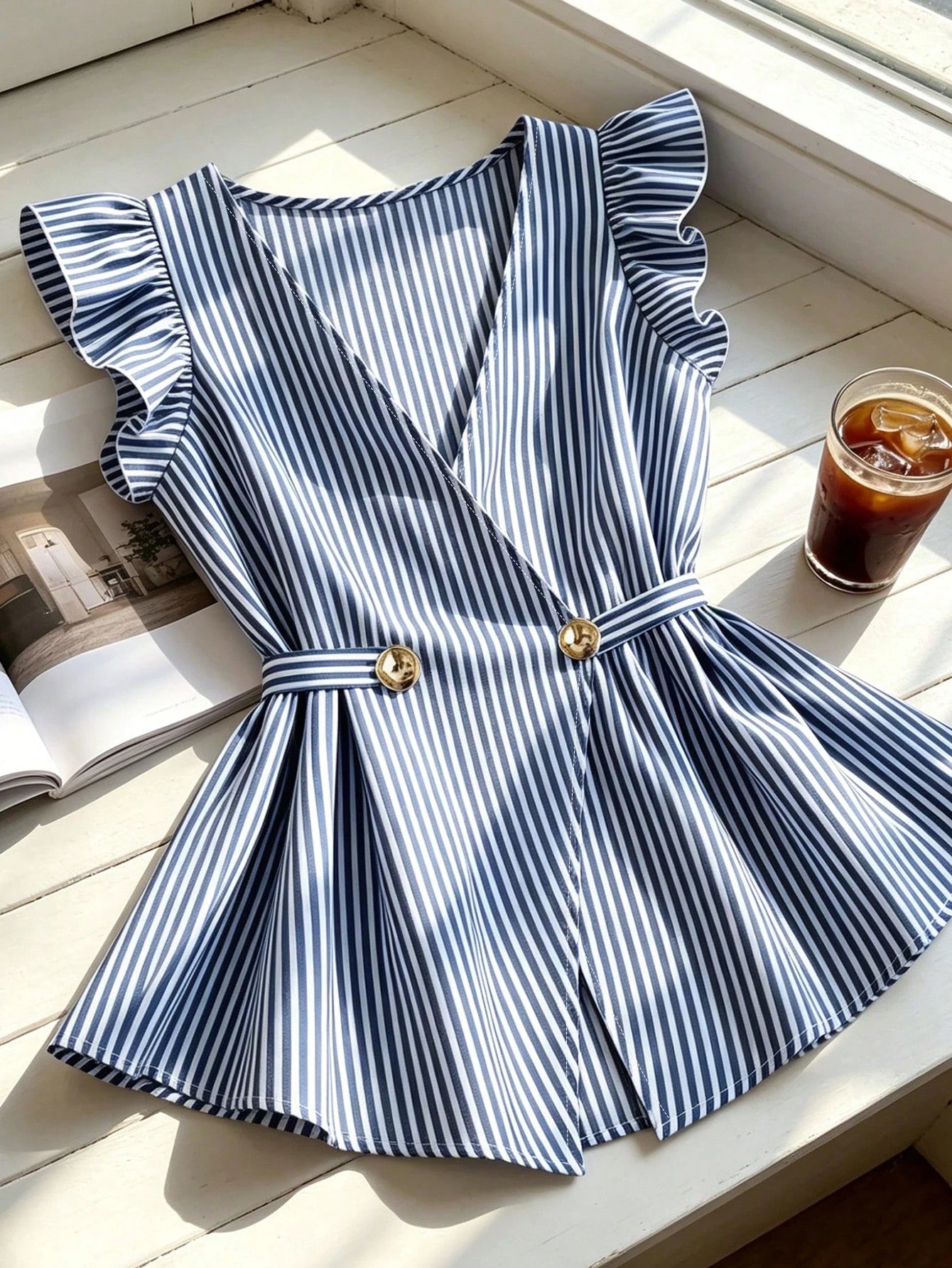 Franclia Navy And White Stripe Women's Elegant Coastal Ruffled-Sleeve Shirts Summer Office Vacation Work Casual Blouses Business Formal Graduation Beach Tops
