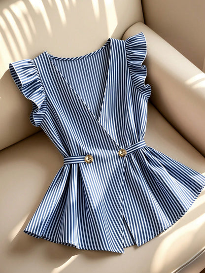 Franclia Navy And White Stripe Women's Elegant Coastal Ruffled-Sleeve Shirts Summer Office Vacation Work Casual Blouses Business Formal Graduation Beach Tops