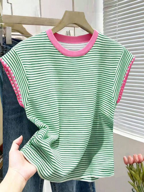 Franclia New Contrast Color Striped Short Sleeve T-Shirt, Spring/Summer Clothing