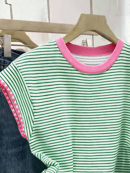 Franclia New Contrast Color Striped Short Sleeve T-Shirt, Spring/Summer Clothing