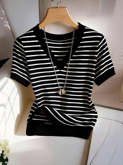 Franclia New Striped V-Neck Short Sleeve T-Shirt For Women
