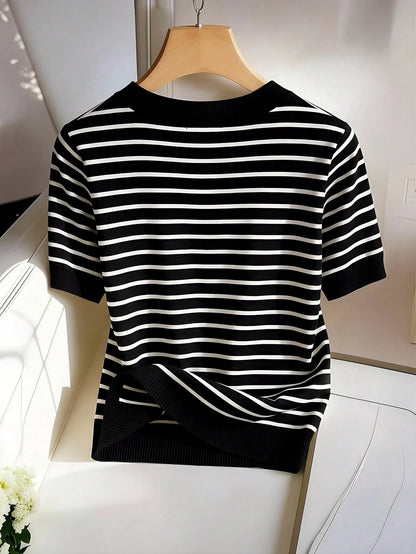 Franclia New Striped V-Neck Short Sleeve T-Shirt For Women