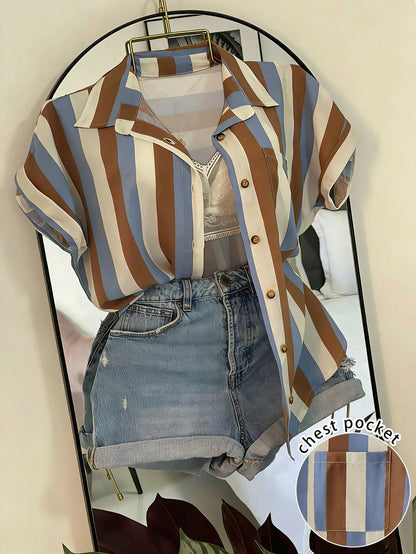 Franclia Striped Pocket Casual Vacation Front Button Short Sleeve Shirt