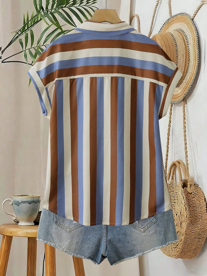 Franclia Striped Pocket Casual Vacation Front Button Short Sleeve Shirt