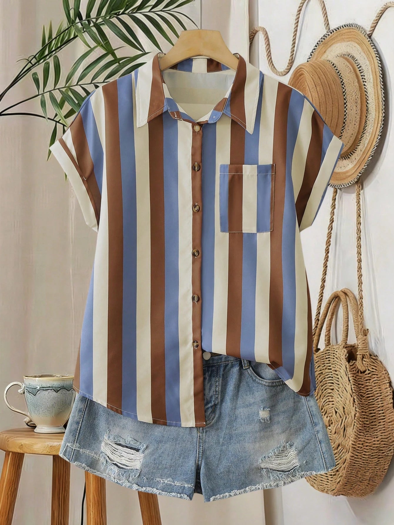 Franclia Striped Pocket Casual Vacation Front Button Short Sleeve Shirt