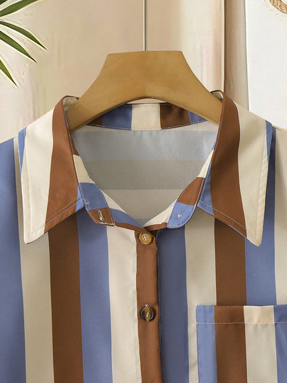 Franclia Striped Pocket Casual Vacation Front Button Short Sleeve Shirt