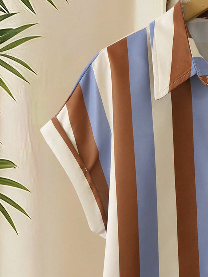 Franclia Striped Pocket Casual Vacation Front Button Short Sleeve Shirt