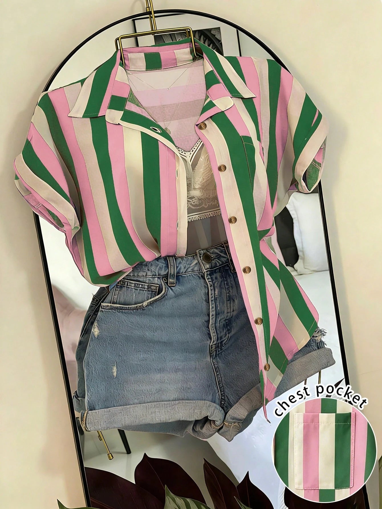 Franclia Striped Pocket Casual Vacation Front Button Short Sleeve Shirt