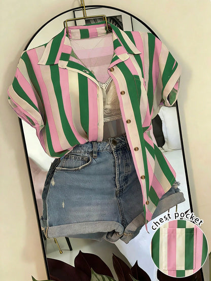 Franclia Striped Pocket Casual Vacation Front Button Short Sleeve Shirt