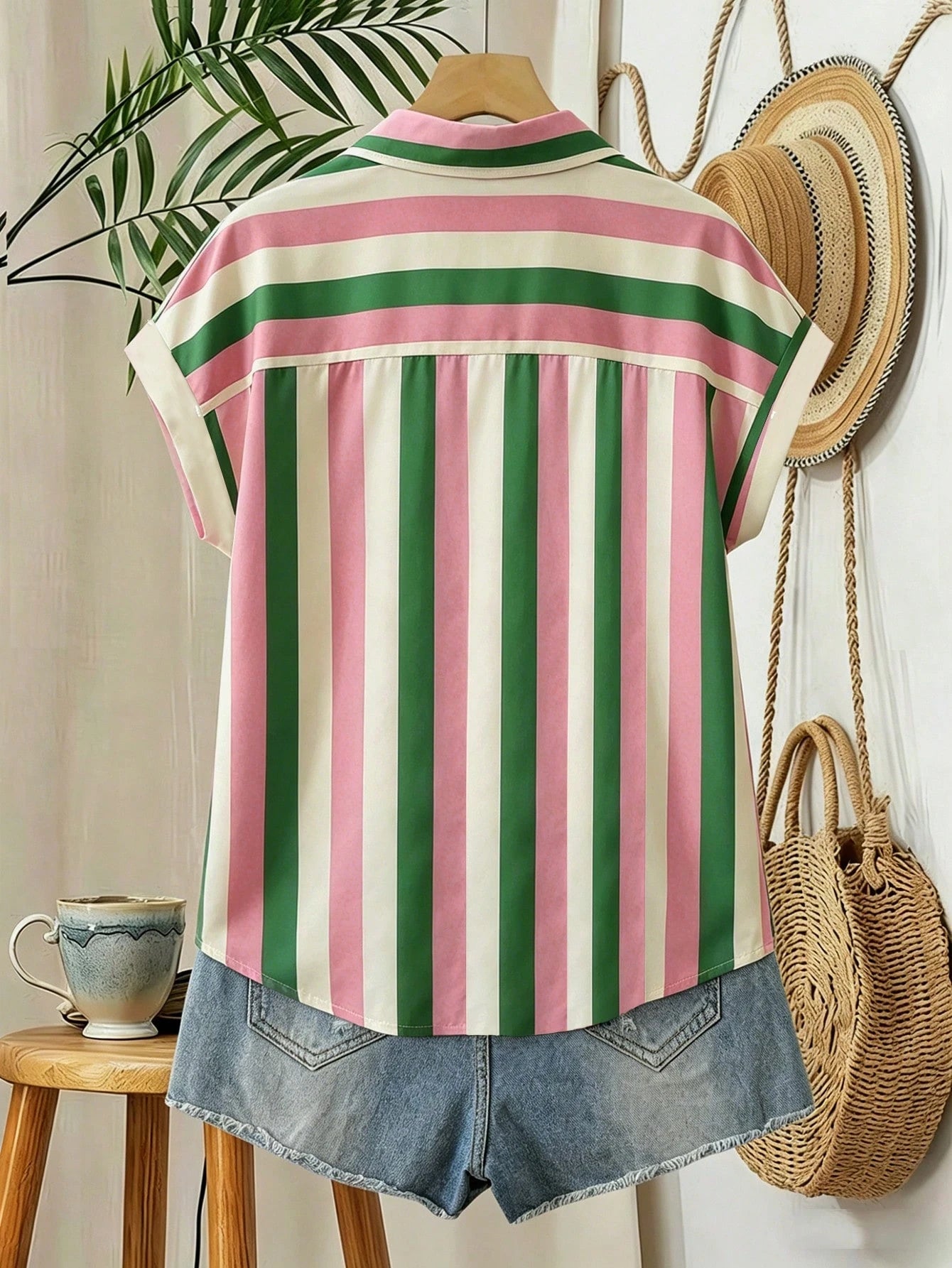 Franclia Striped Pocket Casual Vacation Front Button Short Sleeve Shirt