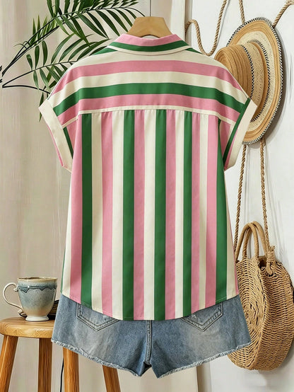 Franclia Striped Pocket Casual Vacation Front Button Short Sleeve Shirt