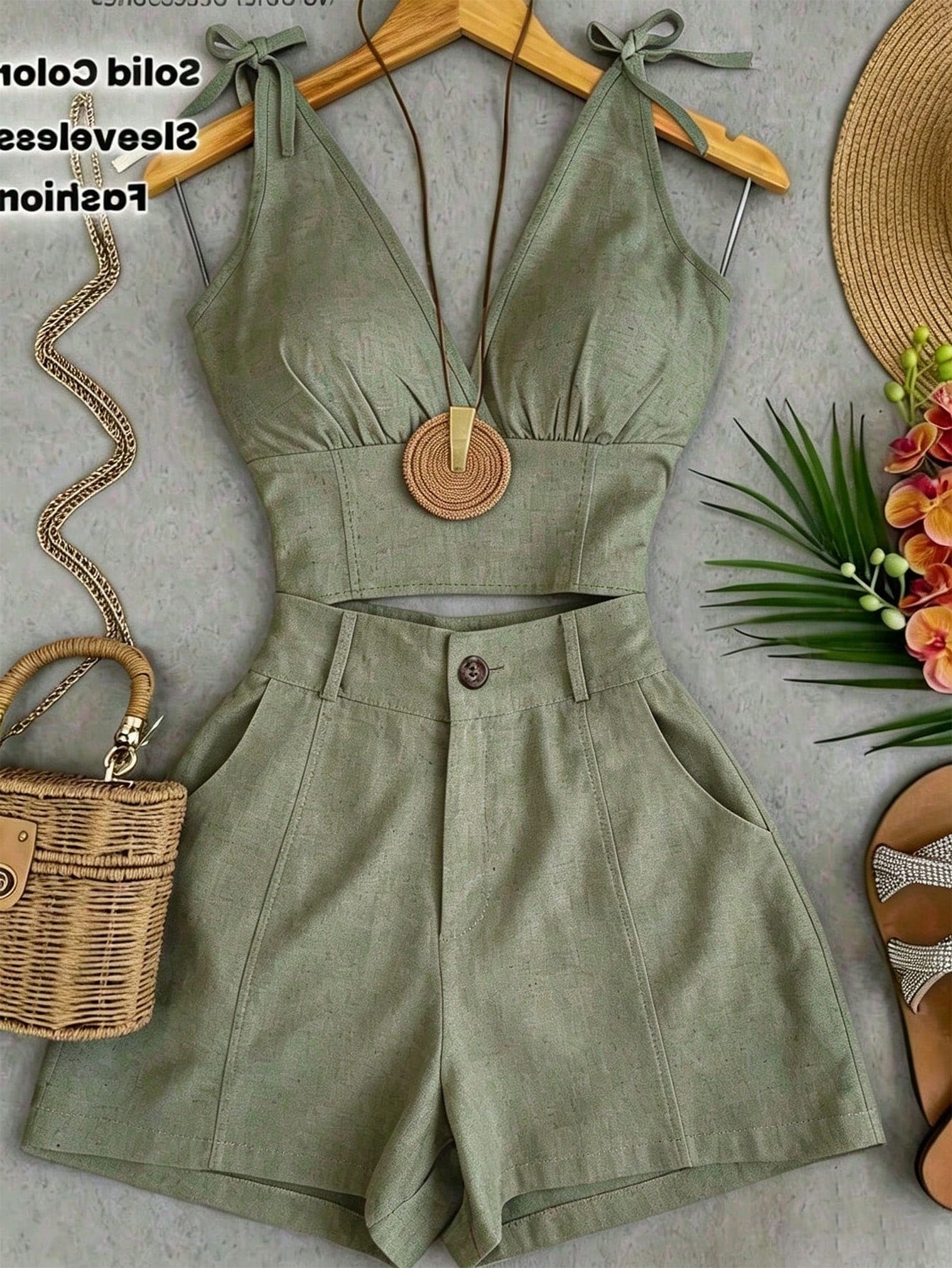 Franclia Summer Casual Solid Color V-Neck Tie Shoulder Top And Shorts Set