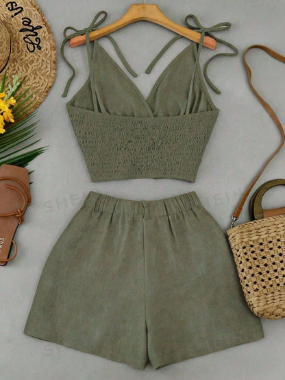 Franclia Summer Casual Solid Color V-Neck Tie Shoulder Top And Shorts Set