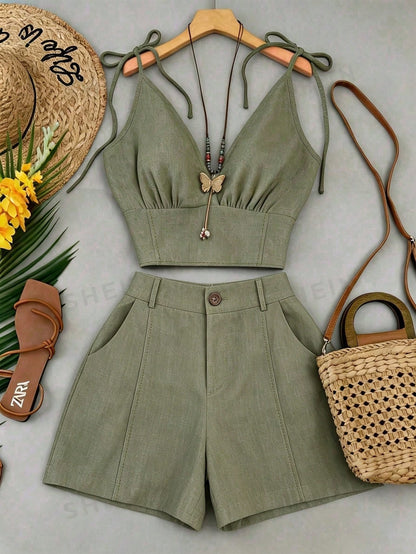 Franclia Summer Casual Solid Color V-Neck Tie Shoulder Top And Shorts Set