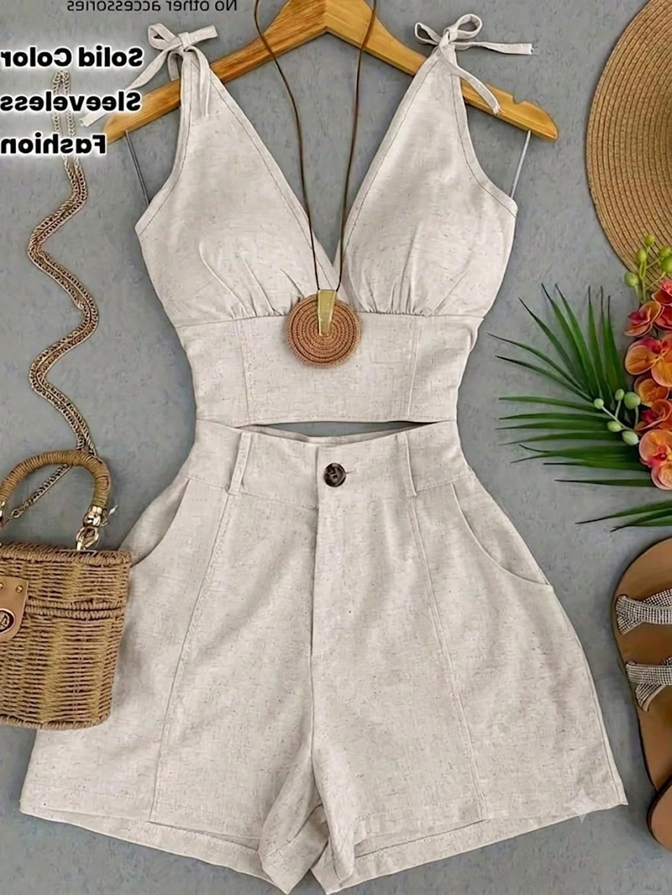 Franclia Summer Casual Solid Color V-Neck Tie Shoulder Top And Shorts Set