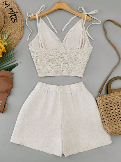 Franclia Summer Casual Solid Color V-Neck Tie Shoulder Top And Shorts Set
