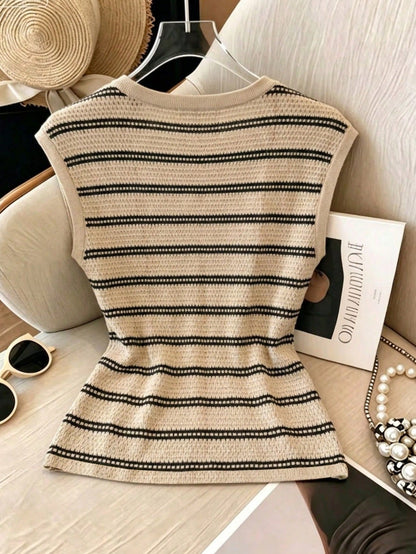 Franclia Summer, July Festival, Women's Casual T-Shirt, Outdoor Wear, Women's Casual T-Shirt, Apricot Wide Striped T-Shirt, V-Neck Twist Hem Striped Knit T-Shirt, Textured Knit T-Shirt