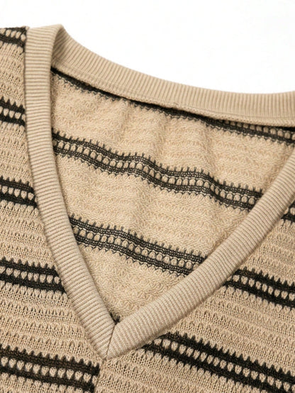 Franclia Summer, July Festival, Women's Casual T-Shirt, Outdoor Wear, Women's Casual T-Shirt, Apricot Wide Striped T-Shirt, V-Neck Twist Hem Striped Knit T-Shirt, Textured Knit T-Shirt