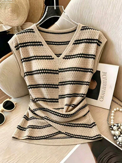 Franclia Summer, July Festival, Women's Casual T-Shirt, Outdoor Wear, Women's Casual T-Shirt, Apricot Wide Striped T-Shirt, V-Neck Twist Hem Striped Knit T-Shirt, Textured Knit T-Shirt