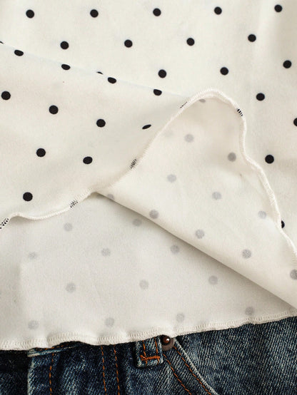 Franclia White Polka Dot Lace V-Neck Short Sleeve T-Shirt Women, Ruched Waist Ruffle Hem Cropped Sweet & Spicy Style Top