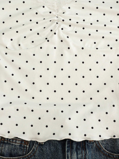 Franclia White Polka Dot Lace V-Neck Short Sleeve T-Shirt Women, Ruched Waist Ruffle Hem Cropped Sweet & Spicy Style Top
