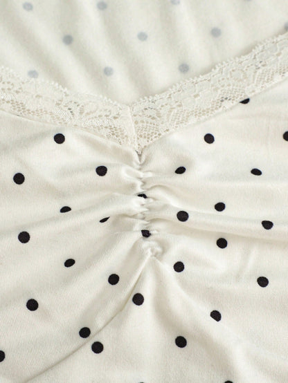 Franclia White Polka Dot Lace V-Neck Short Sleeve T-Shirt Women, Ruched Waist Ruffle Hem Cropped Sweet & Spicy Style Top