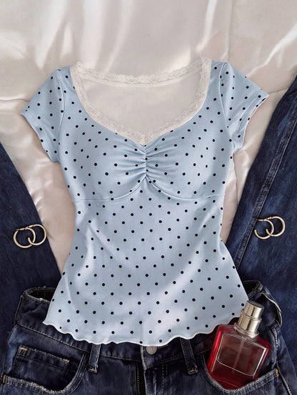 Franclia White Polka Dot Lace V-Neck Short Sleeve T-Shirt Women, Ruched Waist Ruffle Hem Cropped Sweet & Spicy Style Top