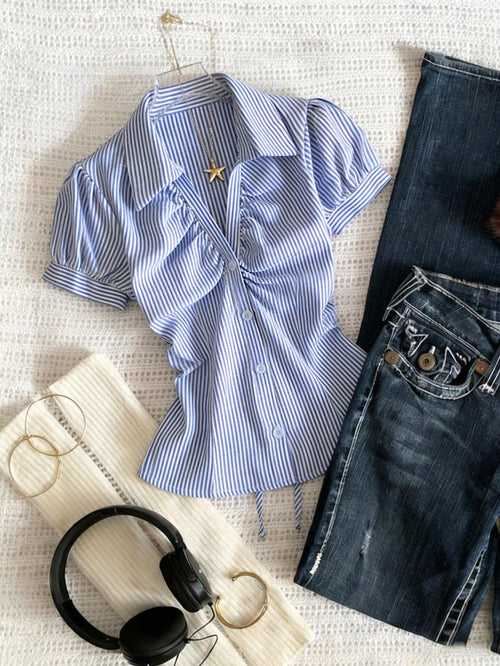 Franclia Women Blue White Stripe Button Ruched V-Collar Shirt, Summer Effortless Chic Blouse, Back-To-School, Spring Casual