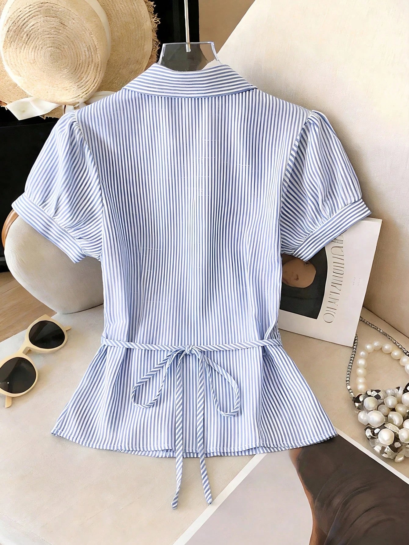 Franclia Women Blue White Stripe Button Ruched V-Collar Shirt, Summer Effortless Chic Blouse, Back-To-School, Spring Casual
