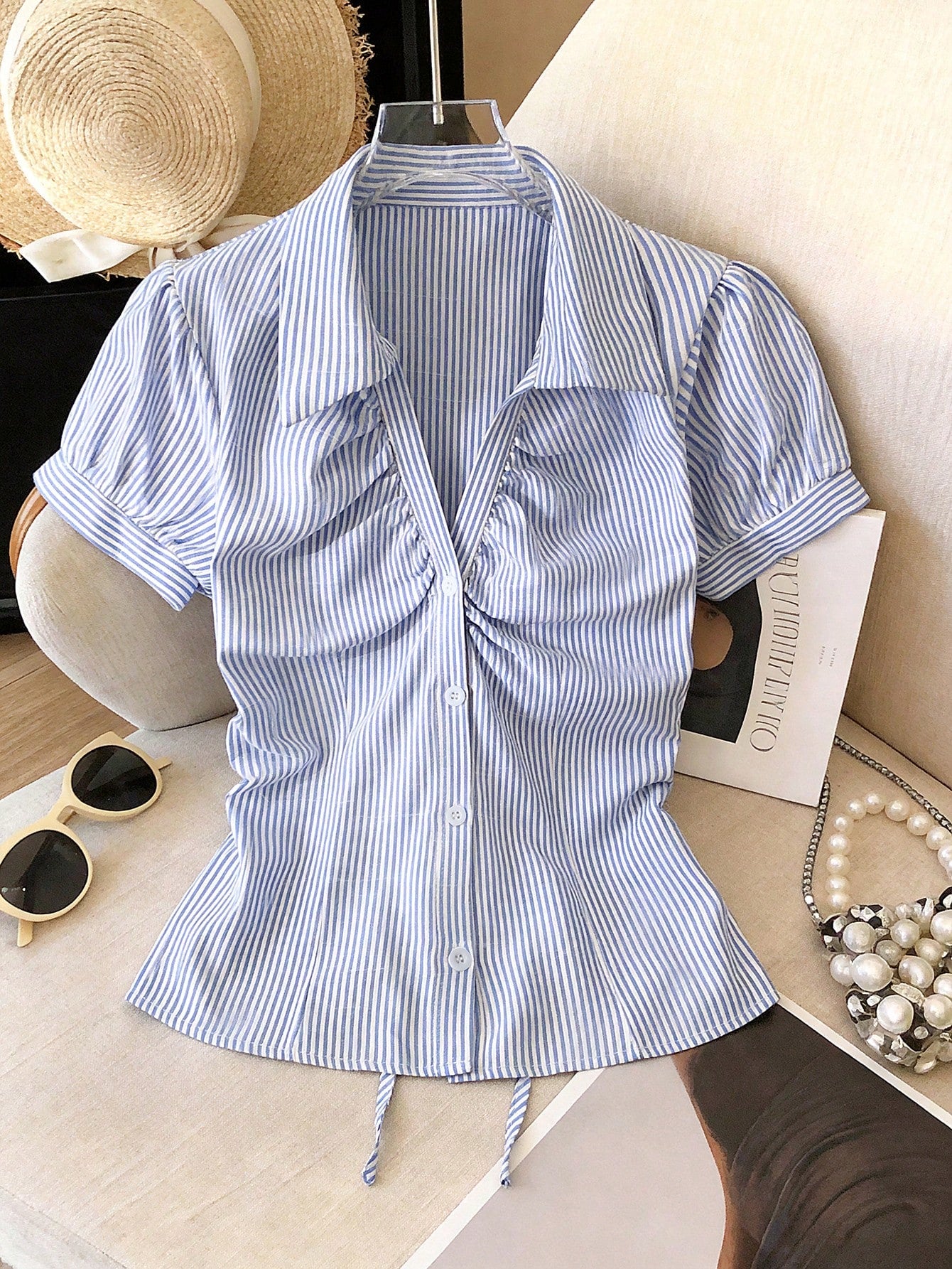 Franclia Women Blue White Stripe Button Ruched V-Collar Shirt, Summer Effortless Chic Blouse, Back-To-School, Spring Casual