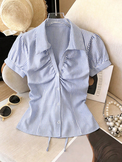 Franclia Women Blue White Stripe Button Ruched V-Collar Shirt, Summer Effortless Chic Blouse, Back-To-School, Spring Casual