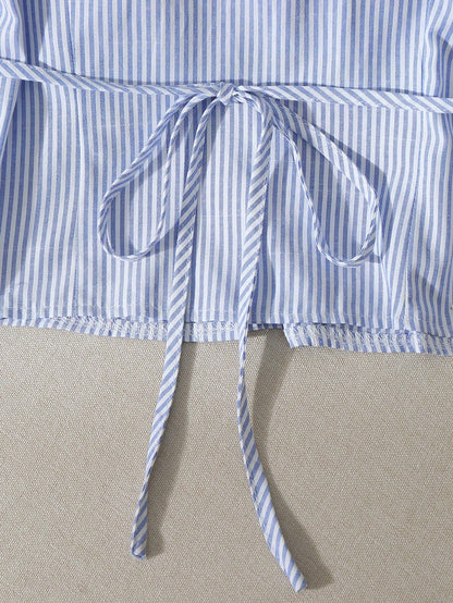 Franclia Women Blue White Stripe Button Ruched V-Collar Shirt, Summer Effortless Chic Blouse, Back-To-School, Spring Casual