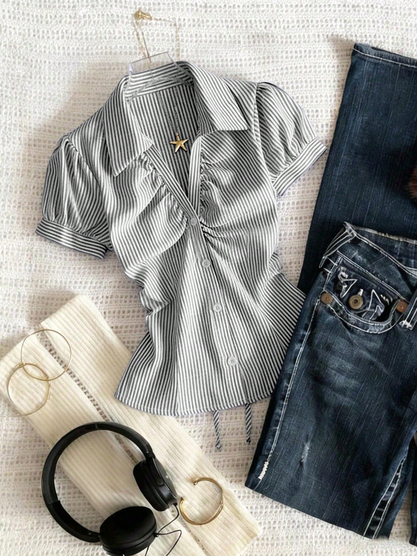 Franclia Women Blue White Stripe Button Ruched V-Collar Shirt, Summer Effortless Chic Blouse, Back-To-School, Spring Casual