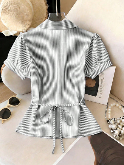 Franclia Women Blue White Stripe Button Ruched V-Collar Shirt, Summer Effortless Chic Blouse, Back-To-School, Spring Casual