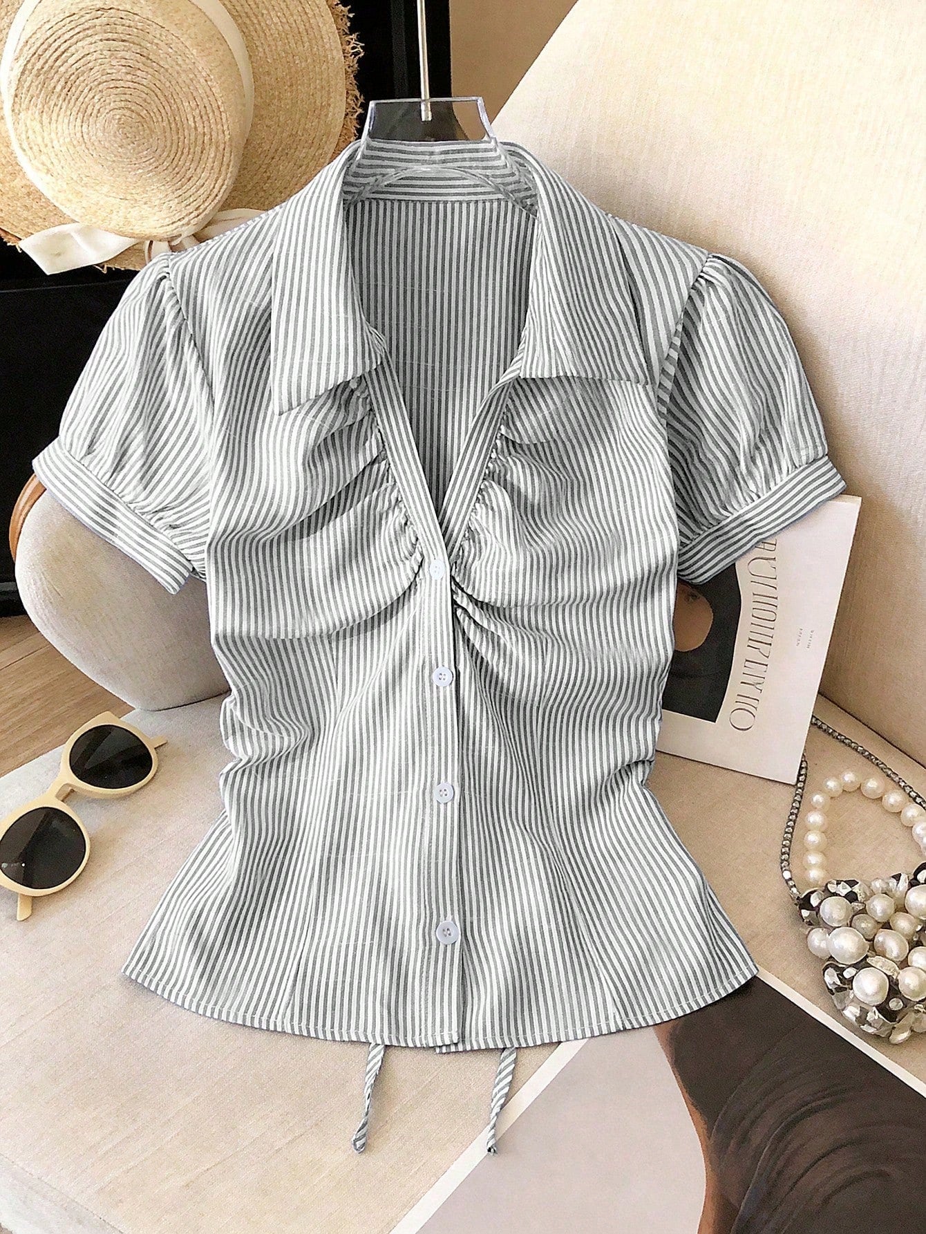 Franclia Women Blue White Stripe Button Ruched V-Collar Shirt, Summer Effortless Chic Blouse, Back-To-School, Spring Casual