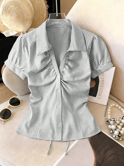 Franclia Women Blue White Stripe Button Ruched V-Collar Shirt, Summer Effortless Chic Blouse, Back-To-School, Spring Casual