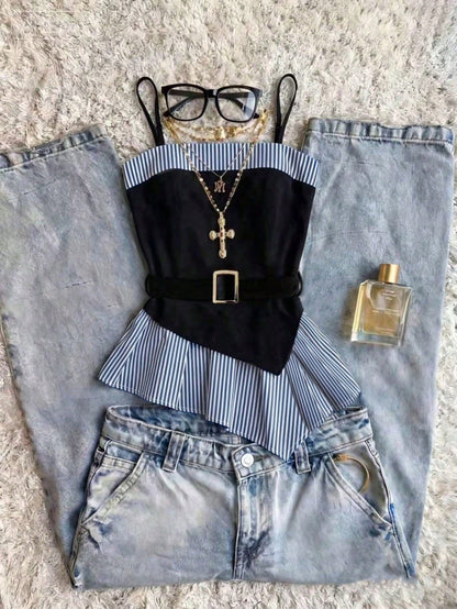 Franclia Women's Black And White Striped Elegant Vest,Summer Casual Camisole Top For Brunch,Formal Office Wear, Knit Y2K Style Business Outfits