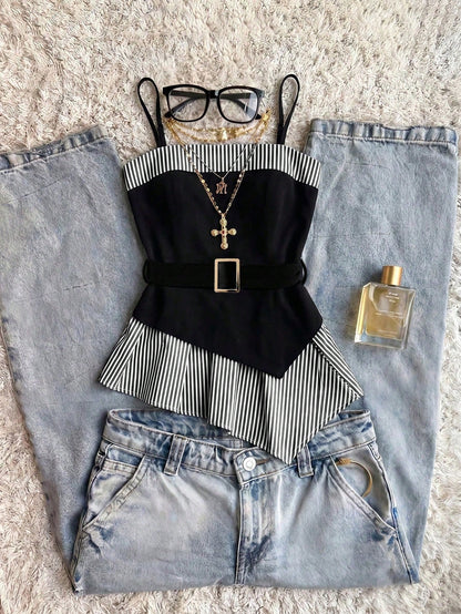Franclia Women's Black And White Striped Elegant Vest,Summer Casual Camisole Top For Brunch,Formal Office Wear, Knit Y2K Style Business Outfits