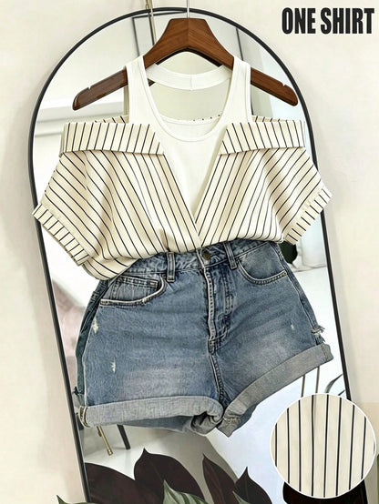 Franclia Women's Black And White Striped Ribbed 2 In 1 Short-Sleeved Shirt,Summer Casual Brunch Halter Neck Off-Shoulder Top,Elegant Office Work Wear