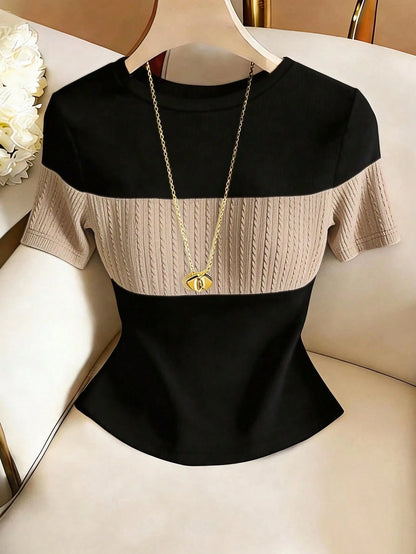 Franclia Women's Contrast Color Elegant Round Neck Short Sleeve Casual Knit T-Shirt, Ladies' Outdoor Top, Ladies' Commuting, Office Casual Top, Black Top, Ladies' Elegant Top, Summer Top