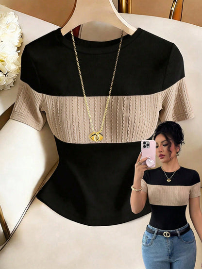Franclia Women's Contrast Color Elegant Round Neck Short Sleeve Casual Knit T-Shirt, Ladies' Outdoor Top, Ladies' Commuting, Office Casual Top, Black Top, Ladies' Elegant Top, Summer Top