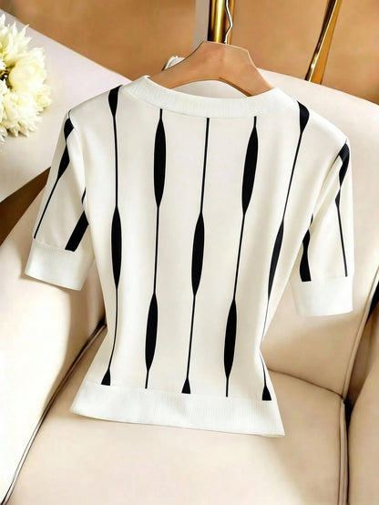 Franclia Women's Elegant Square Neck Knit T-Shirt,Slim Fit Button Waist Short Sleeve Printed Tee,Black And White Summer Brunch Top For Work Commute,Outdoor