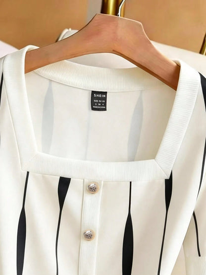 Franclia Women's Elegant Square Neck Knit T-Shirt,Slim Fit Button Waist Short Sleeve Printed Tee,Black And White Summer Brunch Top For Work Commute,Outdoor