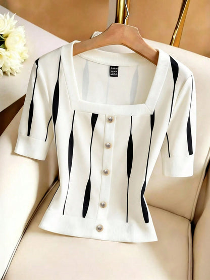 Franclia Women's Elegant Square Neck Knit T-Shirt,Slim Fit Button Waist Short Sleeve Printed Tee,Black And White Summer Brunch Top For Work Commute,Outdoor