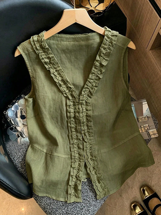 Franclia Women's Frill Trim V-Neck Linen-Like Sleeveless Blouse Tank Top, Summer Elegant Casual Commute Vacation Style