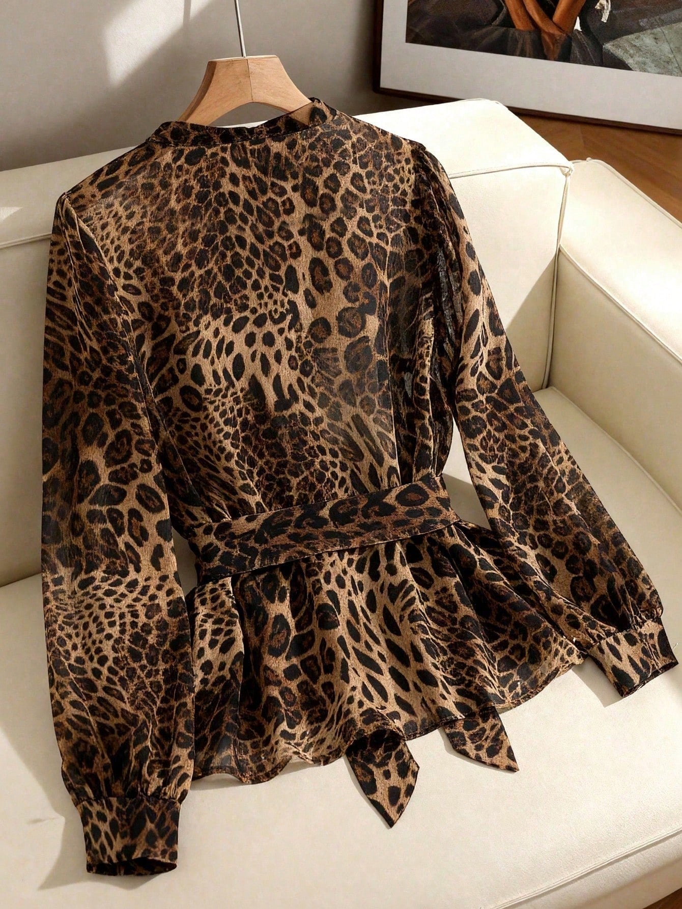 Franclia Women's Pleated Round Neck Button Bow Tie Dark Brown Print Blouse,Sheer Long Sleeve Top, Checked,Summer,Elegant,Work Office Elegant Classy Zoo Outfits