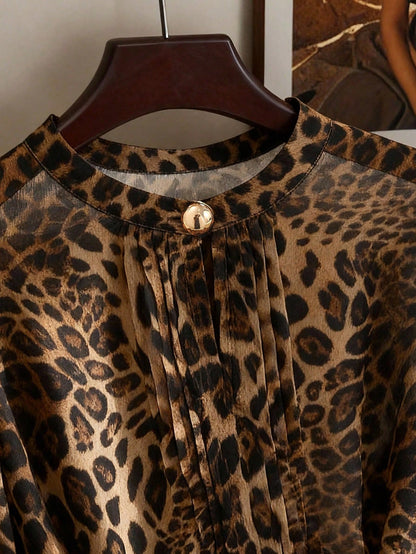 Franclia Women's Pleated Round Neck Button Bow Tie Dark Brown Print Blouse,Sheer Long Sleeve Top, Checked,Summer,Elegant,Work Office Elegant Classy Zoo Outfits