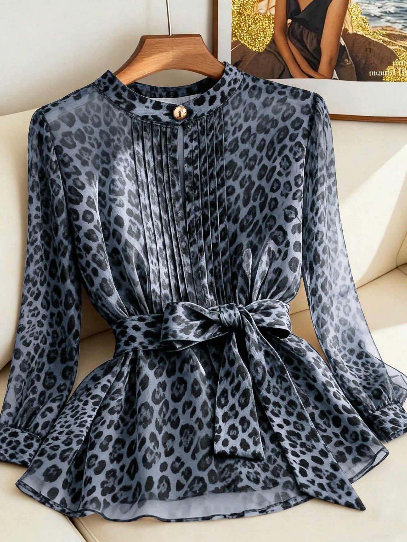 Franclia Women's Pleated Round Neck Button Bow Tie Dark Brown Print Blouse,Sheer Long Sleeve Top, Checked,Summer,Elegant,Work Office Elegant Classy Zoo Outfits
