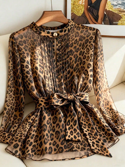 Franclia Women's Pleated Round Neck Button Bow Tie Dark Brown Print Blouse,Sheer Long Sleeve Top, Checked,Summer,Elegant,Work Office Elegant Classy Zoo Outfits