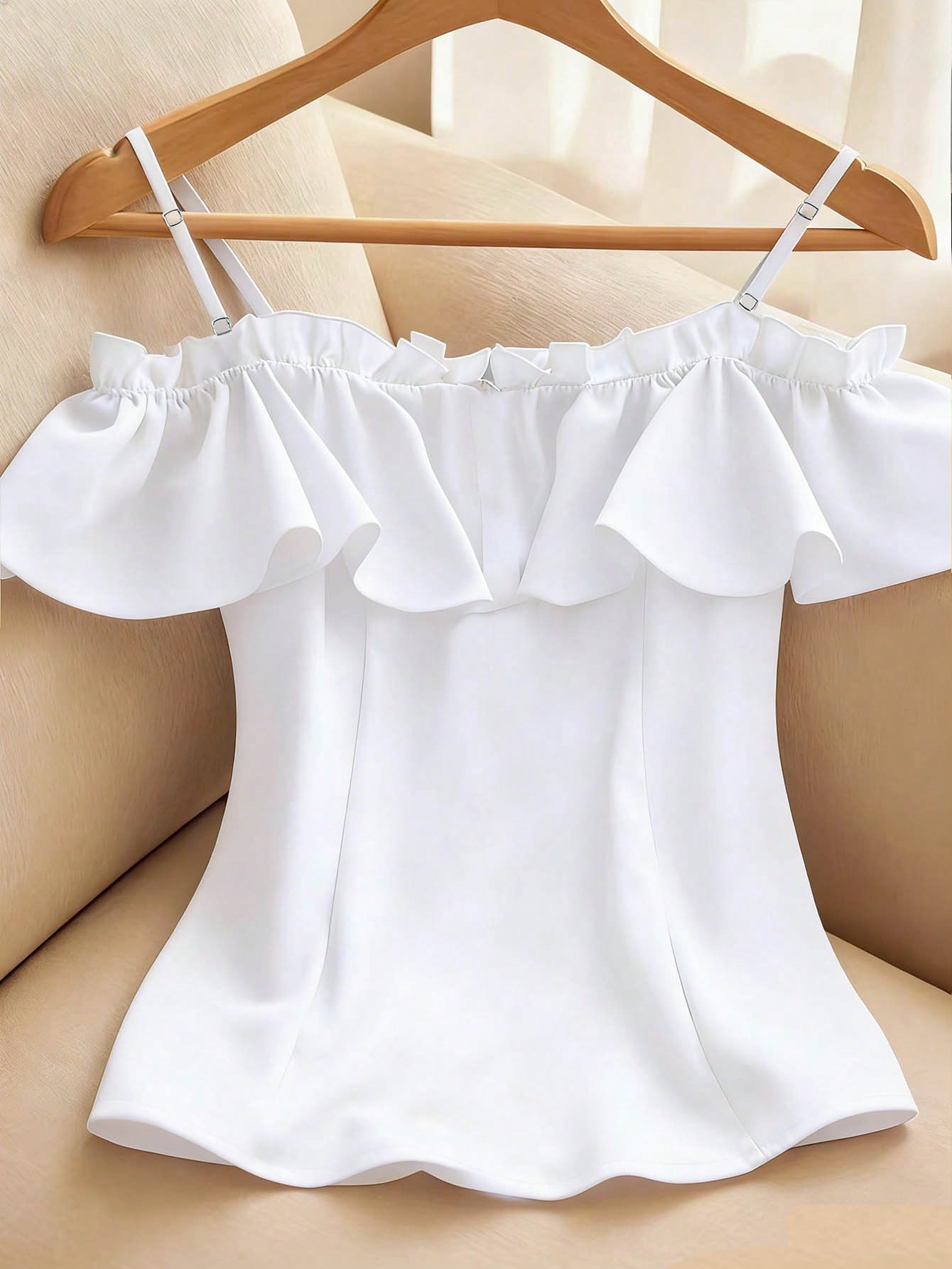 Franclia Women's Summer Solid Color Ruffle Trim Front Button Off Shoulder Blouse